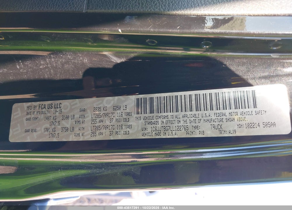 2020 JEEP GLADIATOR VIN: 1C6JJTBG7LL122765