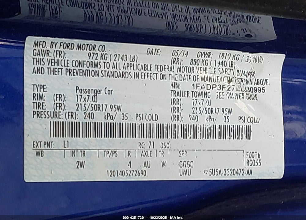 2014 FORD FOCUS VIN: 1FADP3F27EL330995