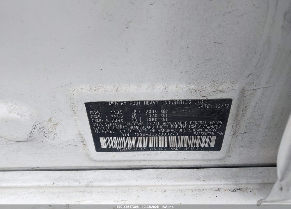 2013 SUBARU LEGACY VIN: 4S3BMBC62D3027911