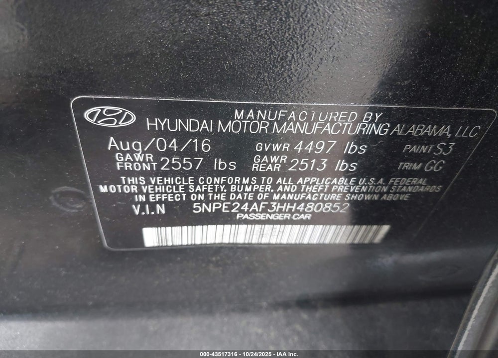 2017 HYUNDAI SONATA SE VIN: 5NPE24AF3HH480852