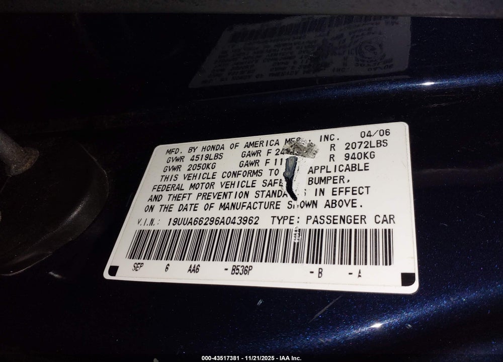 2006 ACURA TL VIN: 19UUA66296A043962
