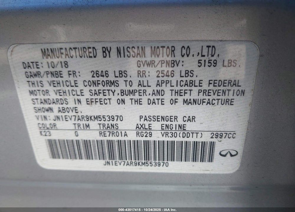 2019 INFINITI Q50 3.0T LUXE VIN: JN1EV7AR9KM553970