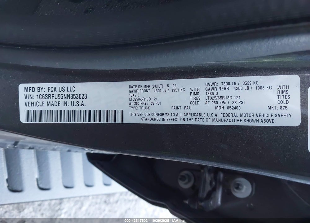 2022 RAM 1500 VIN: 1C6SRFU95NN353023