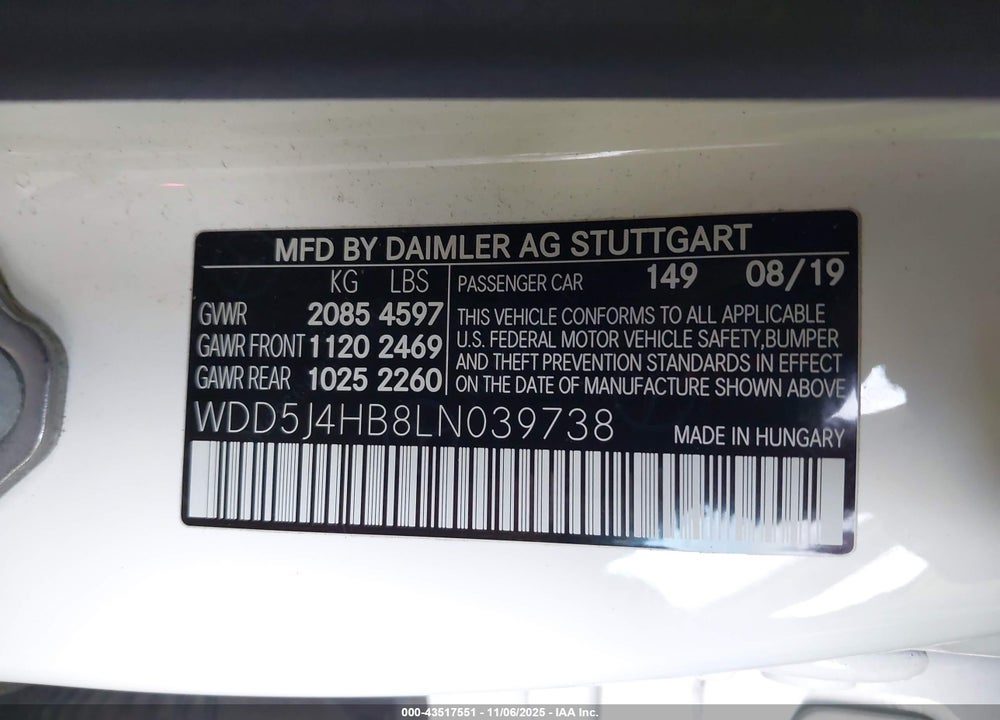 2020 MERCEDES-BENZ CLA-CLASS VIN: WDD5J4HB8LN039738