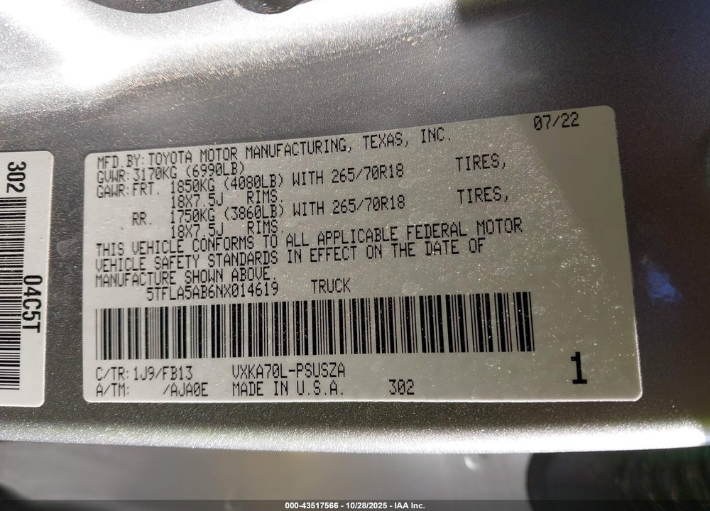 2022 TOYOTA TUNDRA SR5 VIN: 5TFLA5AB6NX014619