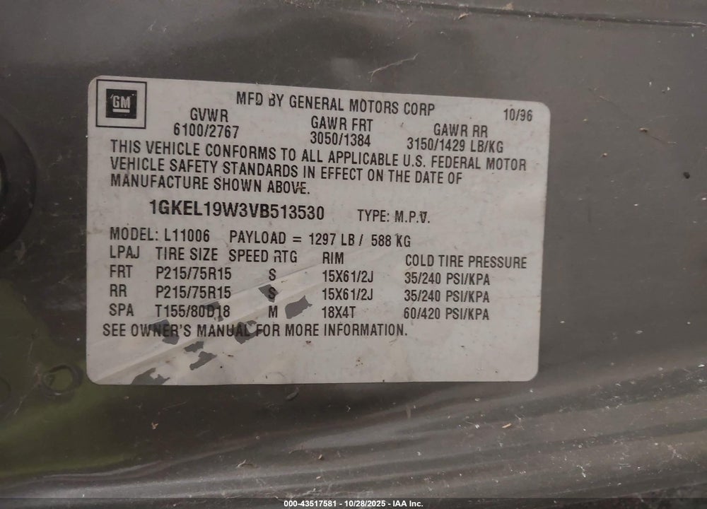 1997 GMC SAFARI SLX VIN: 1GKEL19W3VB513530