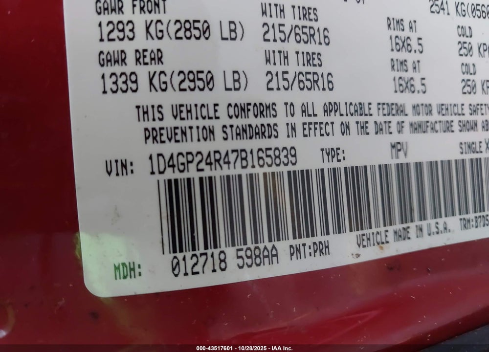 2007 DODGE GRAND CARAVAN SE VIN: 1D4GP24R47B165839