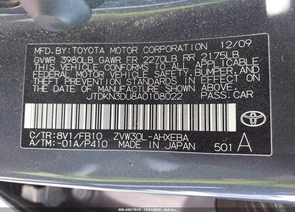 2010 TOYOTA PRIUS VIN: JTDKN3DU8A0108022