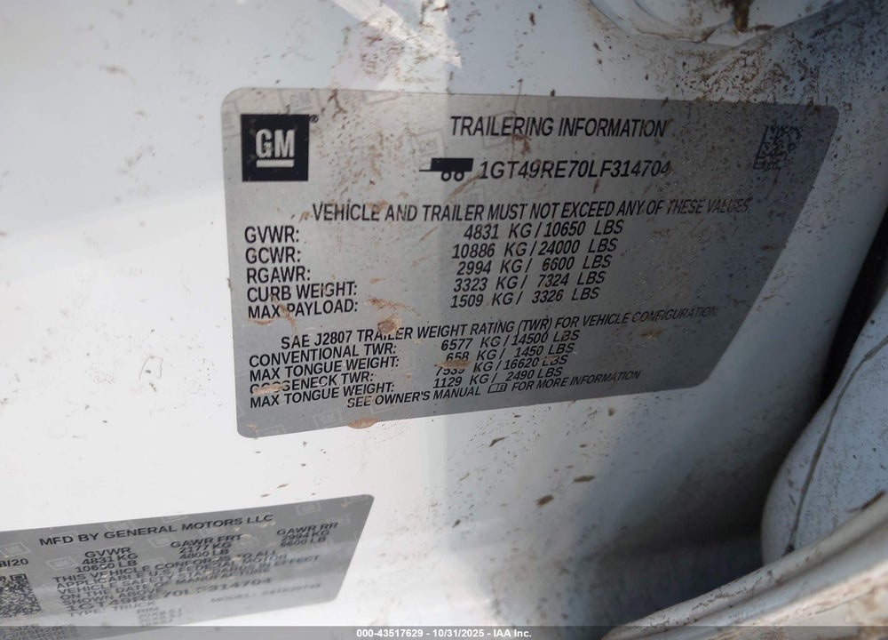 2020 GMC SIERRA 2500HD 4WD  STANDARD BED DENALI VIN: 1GT49RE70LF314704