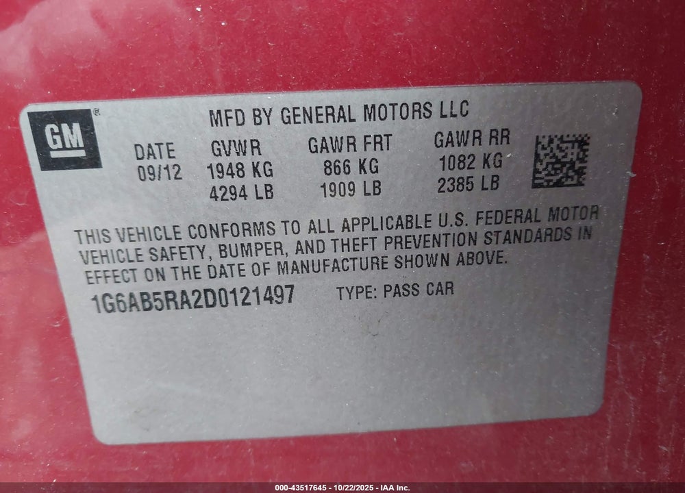 2013 CADILLAC ATS LUXURY VIN: 1G6AB5RA2D0121497