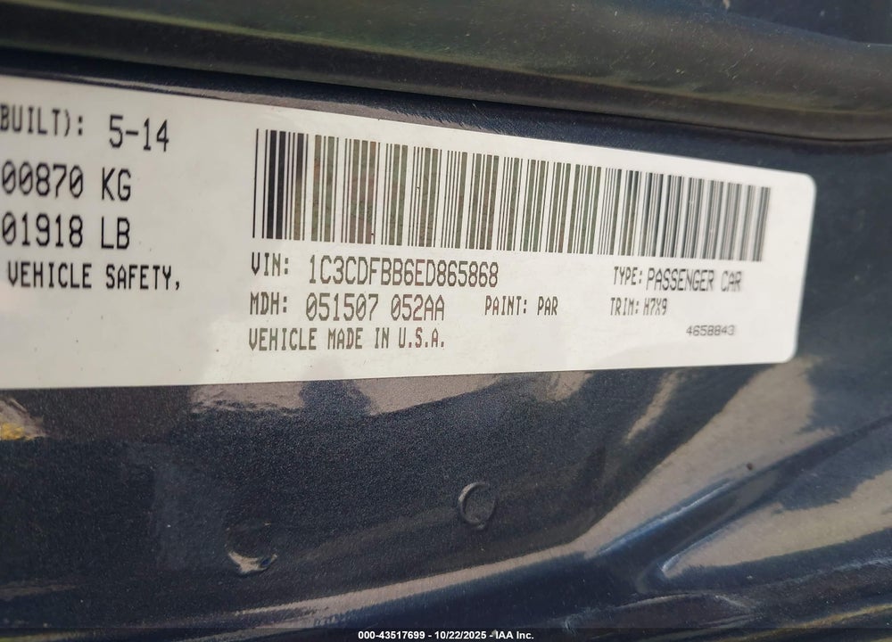 2014 DODGE DART SXT VIN: 1C3CDFBB6ED865868
