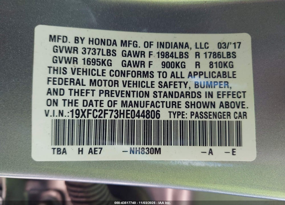2017 HONDA CIVIC EX VIN: 19XFC2F73HE044806