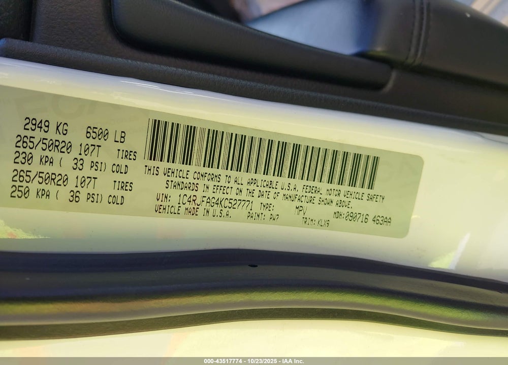 2019 JEEP GRAND CHEROKEE VIN: 1C4RJFAG4KC527771