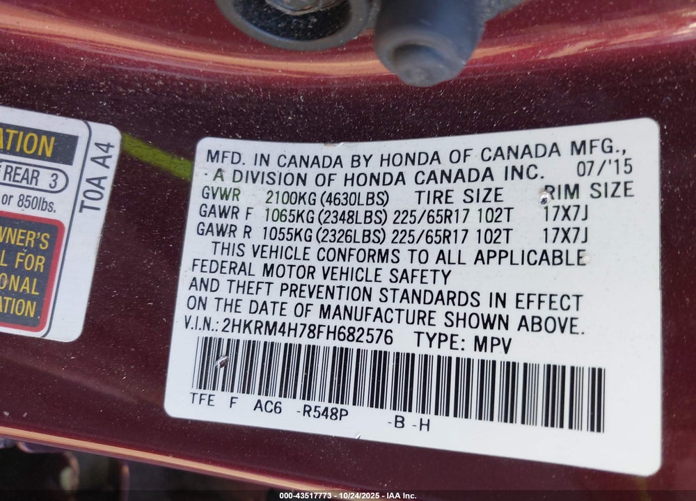 2015 HONDA CR-V EX-L VIN: 2HKRM4H78FH682576
