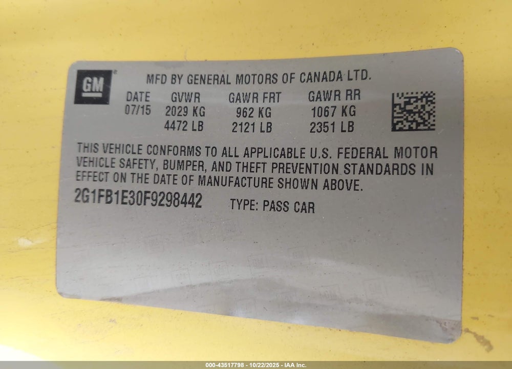 2015 CHEVROLET CAMARO 2LS VIN: 2G1FB1E30F9298442