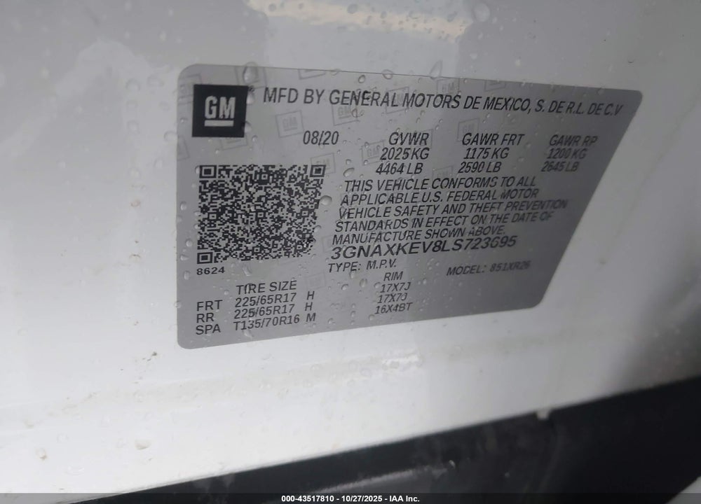 2020 CHEVROLET EQUINOX VIN: 3GNAXKEV8LS723695