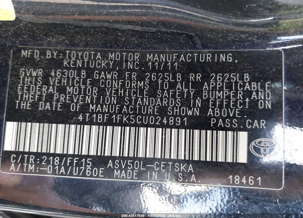 2012 TOYOTA CAMRY SE VIN: 4T1BF1FK5CU024891