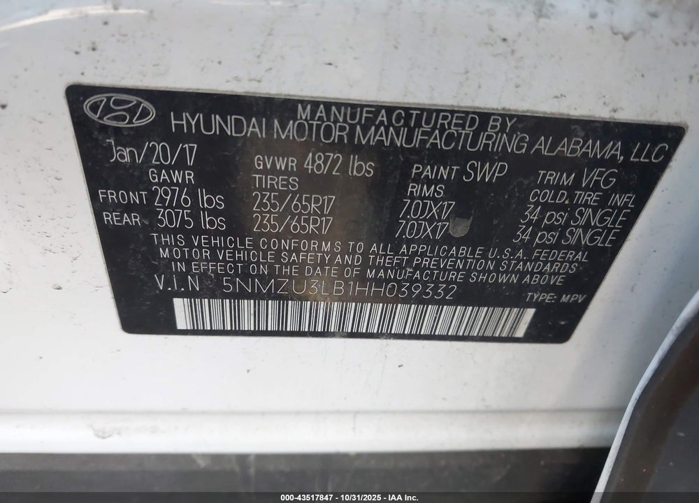2017 HYUNDAI SANTA FE SPORT 2.4L VIN: 5NMZU3LB1HH039332