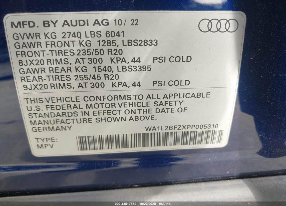 2023 AUDI Q4 E-TRON VIN: WA1L2BFZXPP005310