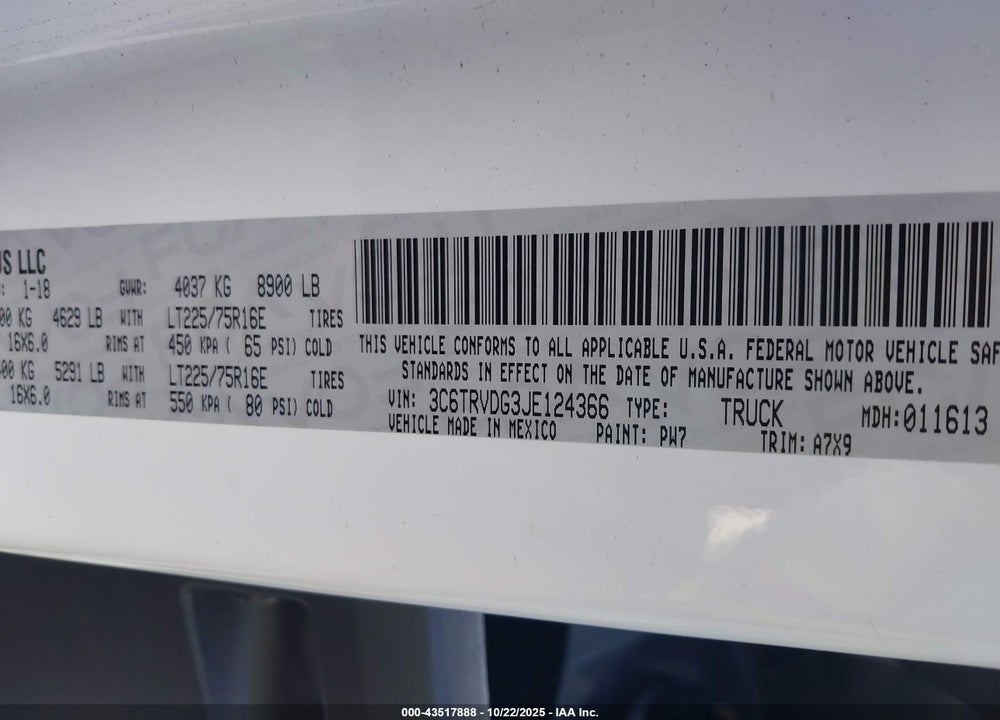 2018 RAM PROMASTER 2500 HIGH ROOF 159 WB VIN: 3C6TRVDG3JE124366