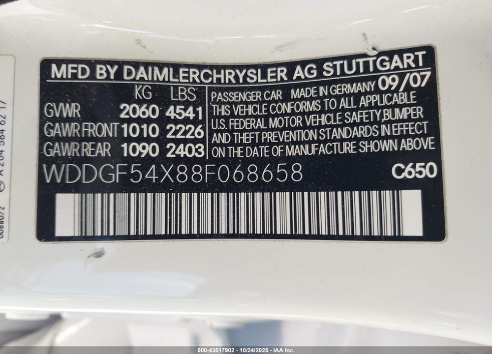 2008 MERCEDES-BENZ C 300 LUXURY/SPORT VIN: WDDGF54X88F068658