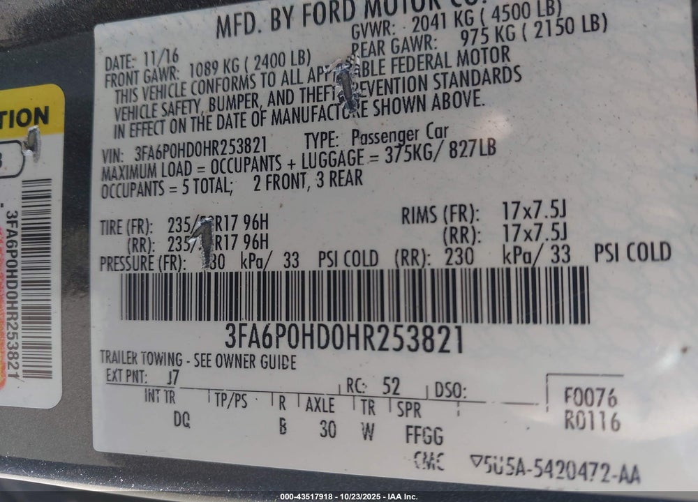 2017 FORD FUSION VIN: 3FA6P0HD0HR253821