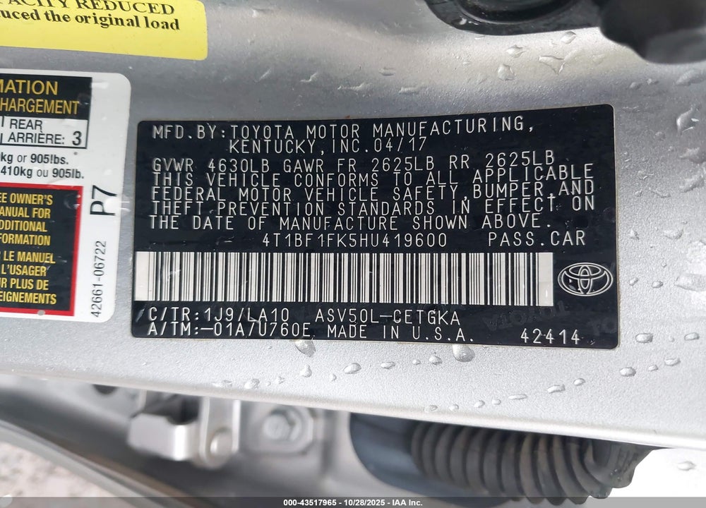 2017 TOYOTA CAMRY LE/XLE/SE/XSE VIN: 4T1BF1FK5HU419600