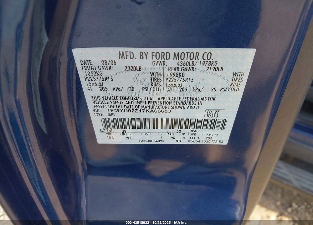 2007 FORD ESCAPE XLS/XLS MANUAL VIN: 1FMYU02Z17KA66683