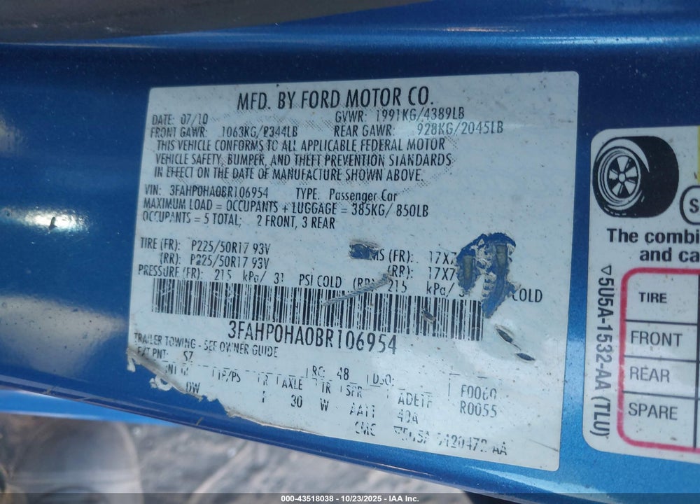 2011 FORD FUSION VIN: 3FAHP0HA0BR106954