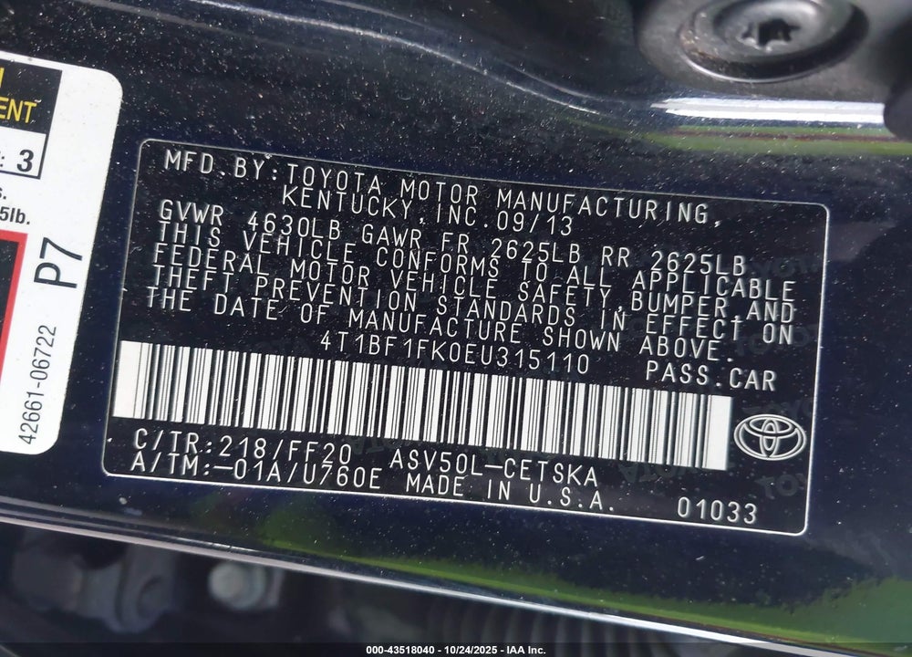 2014 TOYOTA CAMRY VIN: 4T1BF1FK0EU315110
