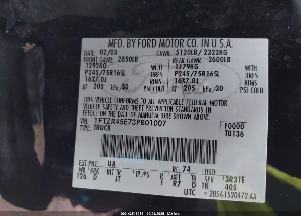 2003 FORD RANGER EDGE/XLT VIN: 1FTZR45E73PB01007