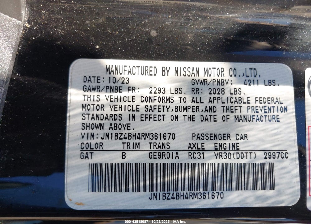 2024 NISSAN Z PERFORMANCE AUTO VIN: JN1BZ4BH4RM361670
