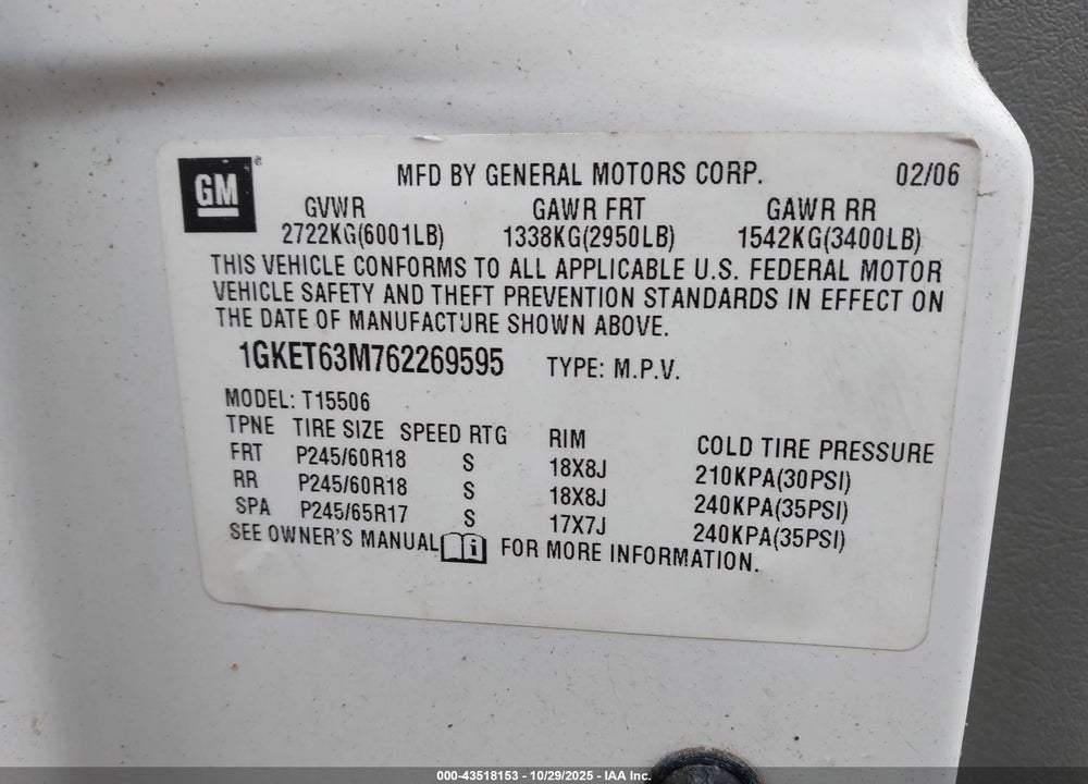 2006 GMC ENVOY VIN: 1GKET63M762269595