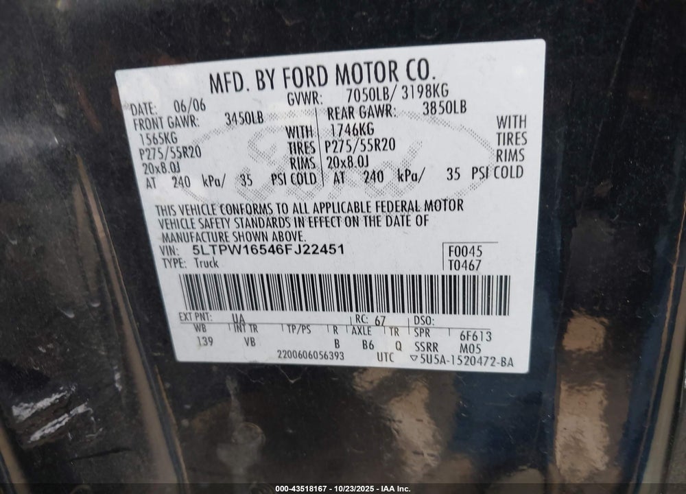 2006 LINCOLN MARK SERIES VIN: 5LTPW16546FJ22451