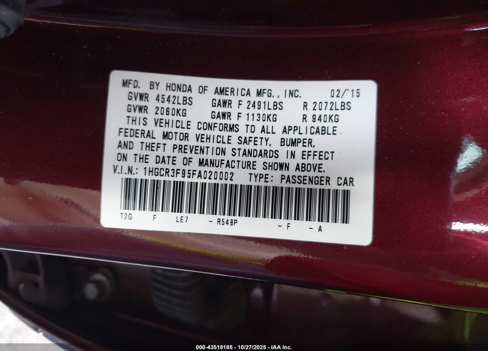2015 HONDA ACCORD TOURING VIN: 1HGCR3F95FA020002