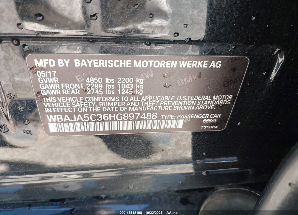 2017 BMW 530I VIN: WBAJA5C36HG897488
