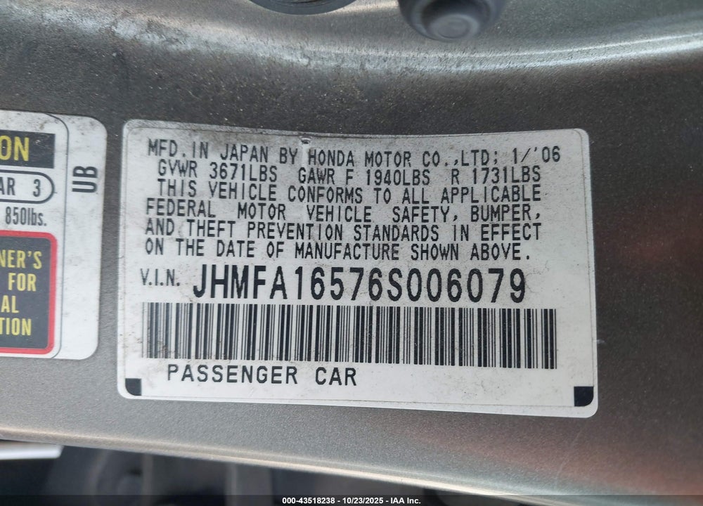2006 HONDA CIVIC VIN: JHMFA16576S006079