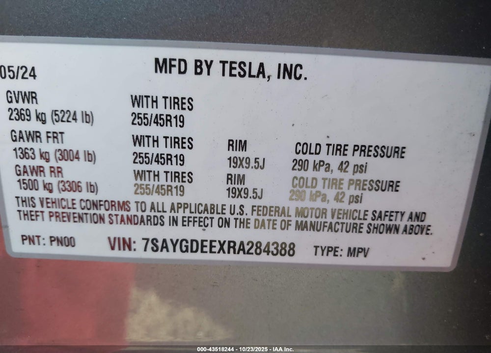 2024 TESLA MODEL Y LONG RANGE DUAL MOTOR ALL-WHEEL DRIVE VIN: 7SAYGDEEXRA284388