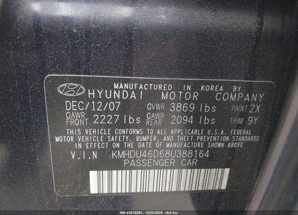 2008 HYUNDAI ELANTRA GLS/SE VIN: KMHDU46D68U388164