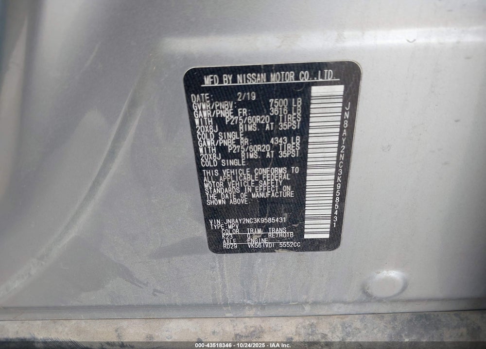 2019 NISSAN ARMADA PLATINUM VIN: JN8AY2NC3K9585431