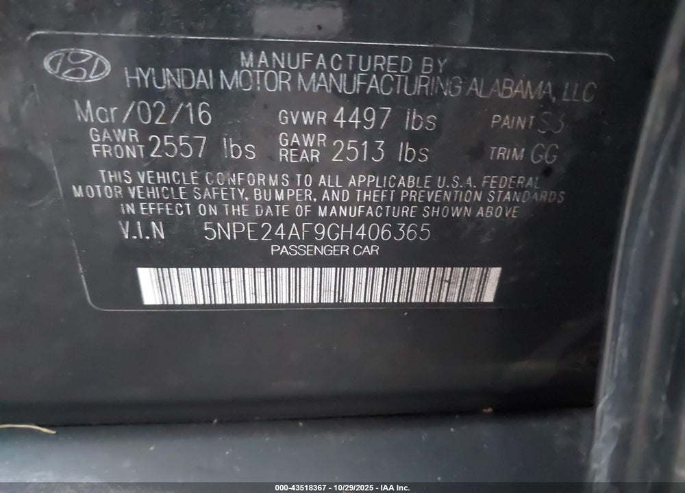2016 HYUNDAI SONATA VIN: 5NPE24AF9GH406365