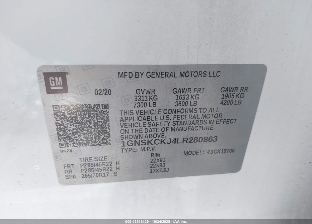 2020 CHEVROLET TAHOE 4WD PREMIER VIN: 1GNSKCKJ4LR280863
