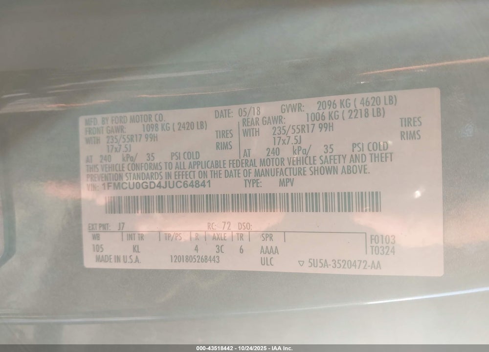 2018 FORD ESCAPE SE VIN: 1FMCU0GD4JUC64841