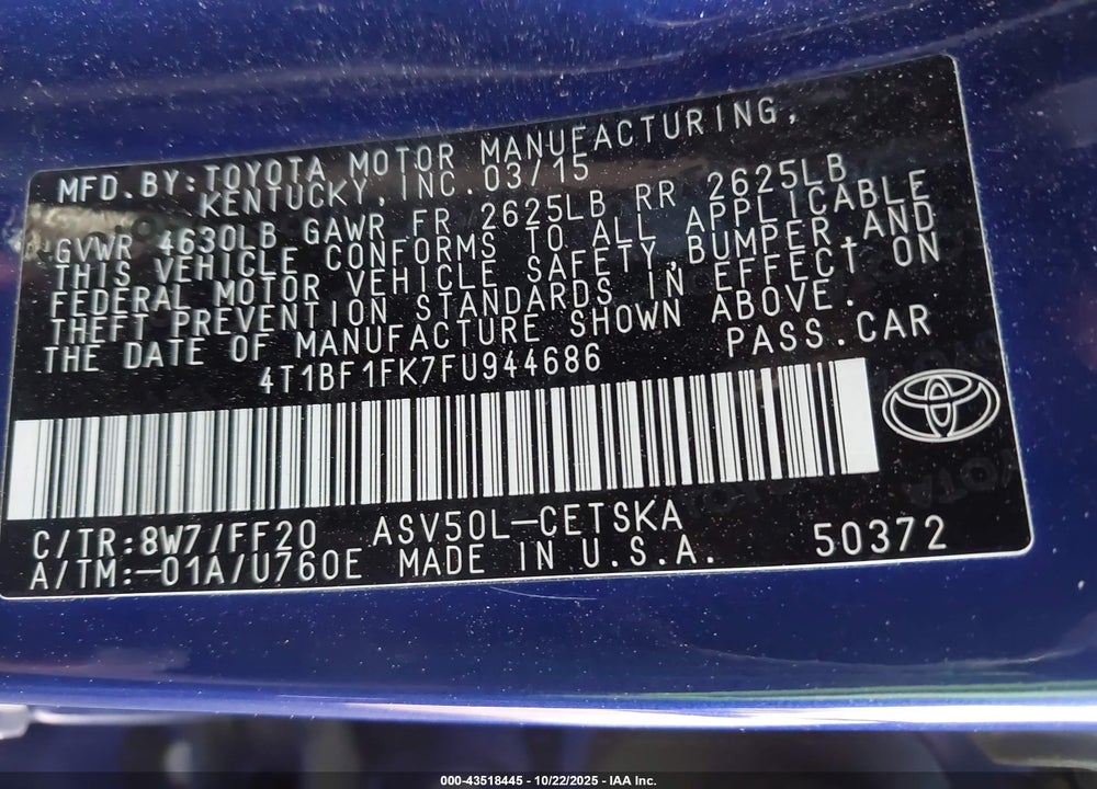 2015 TOYOTA CAMRY VIN: 4T1BF1FK7FU944686