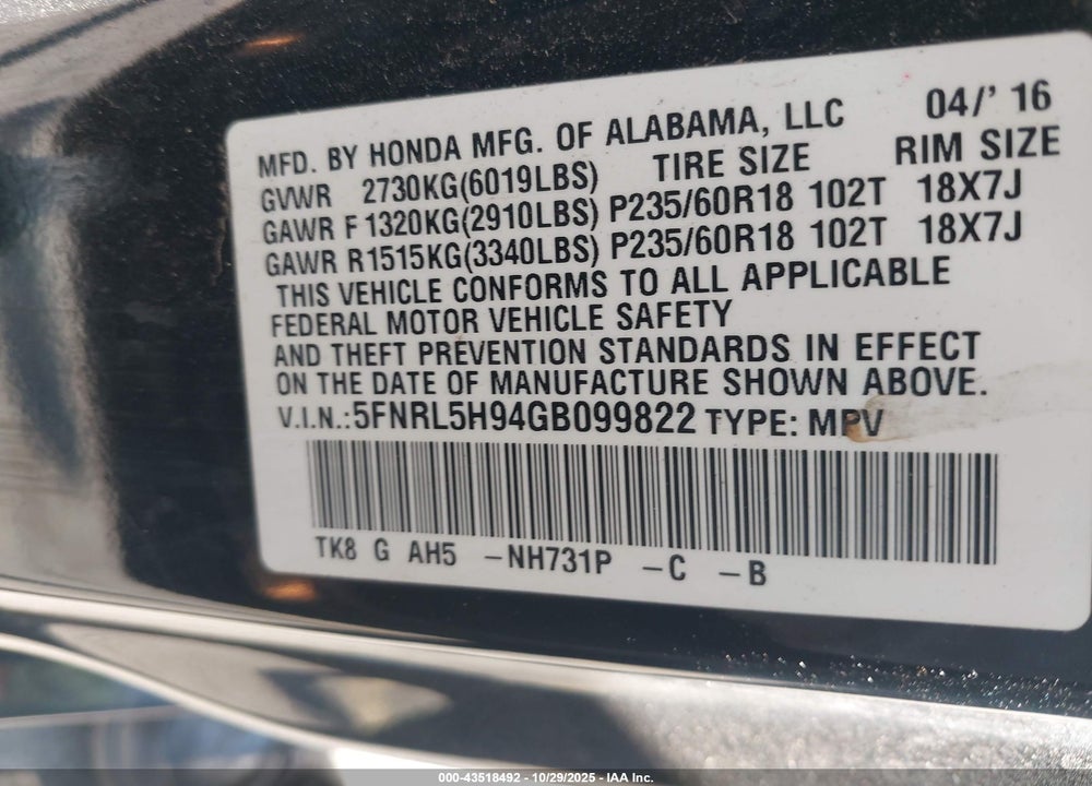 2016 HONDA ODYSSEY TOURING/TOURING ELITE VIN: 5FNRL5H94GB099822