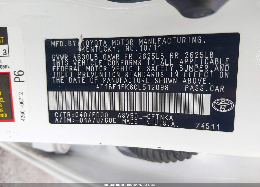 2012 TOYOTA CAMRY LE VIN: 4T1BF1FK6CU512098