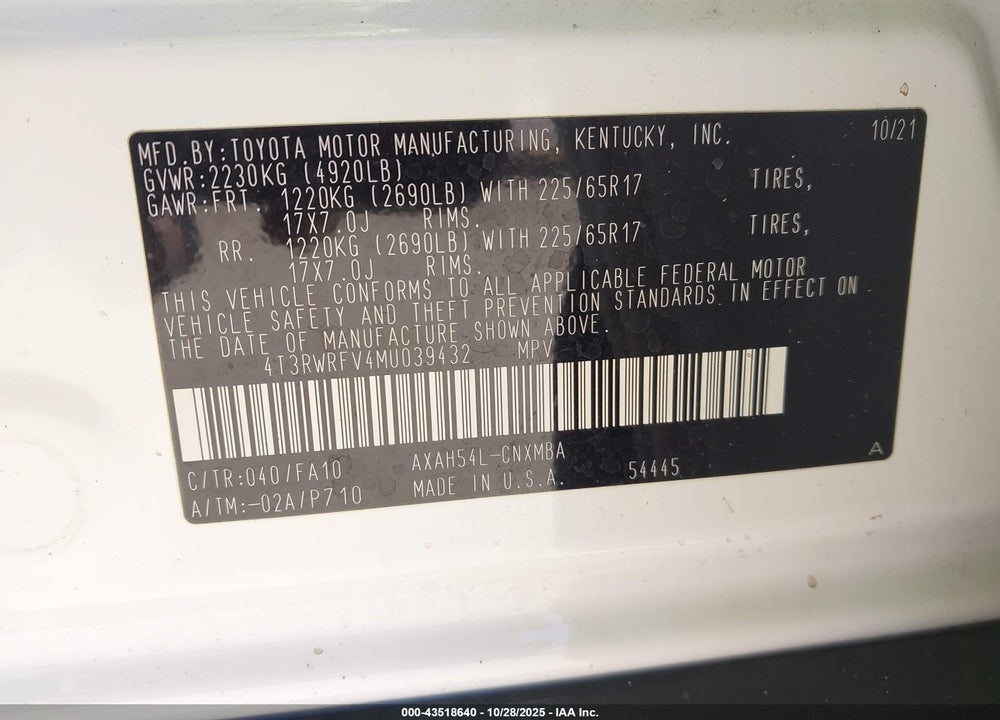 2021 TOYOTA RAV4 HYBRID VIN: 4T3RWRFV4MU039432