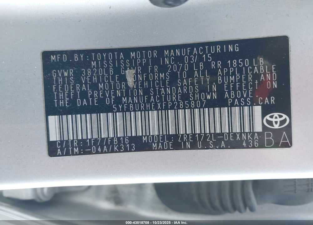 2015 TOYOTA COROLLA LE VIN: 5YFBURHEXFP285807