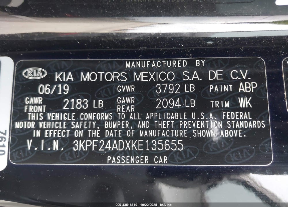 2019 KIA FORTE LXS VIN: 3KPF24ADXKE135655