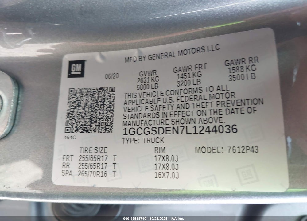 2020 CHEVROLET COLORADO 2WD SHORT BOX Z71 VIN: 1GCGSDEN7L1244036